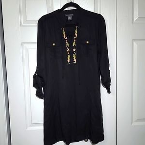 Chelsea & Theodore Black Dress w, laced up neckline w/embroidery, Small, EUC